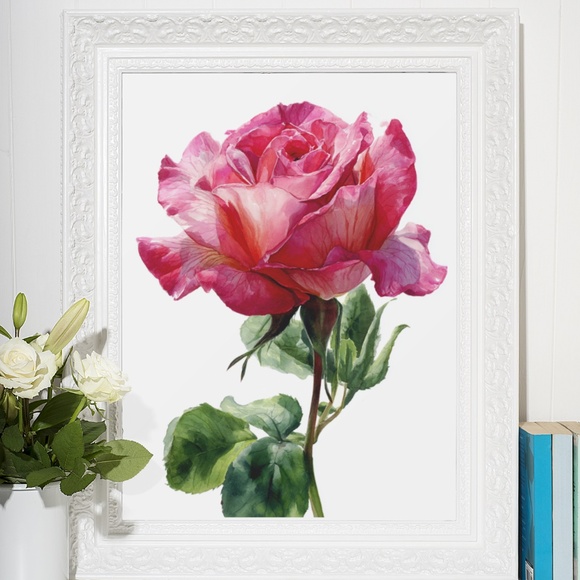 Watercolor Single Pink Rose Wall Art Print, Unframed - Delicate Floral Elegance - Picture 6 of 6